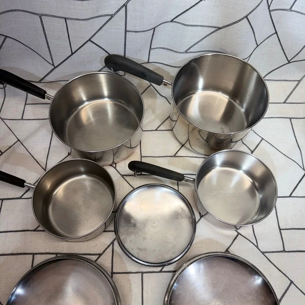 Revere Ware Saucepan Set 7 Piece Silver Copper Bottom Stainless Steel USA Made
